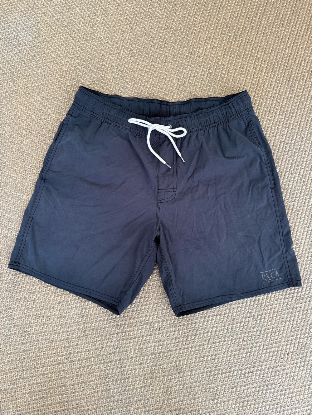 RVCA Men's Dark Blue Elastic Waist Swim Trunks with White Drawstring